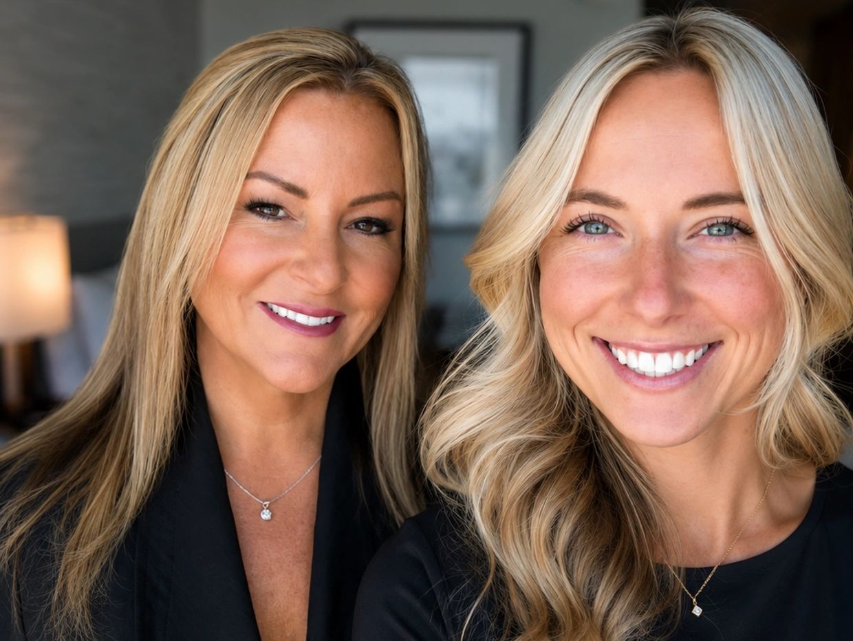 Two smiling women with blonde hair posing indoors.