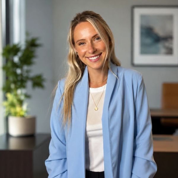 Smiling woman in blue blazer.