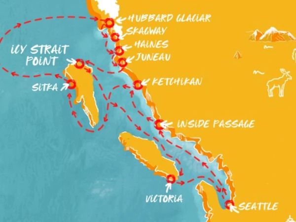 Map showing travel route from Seattle to Alaska.