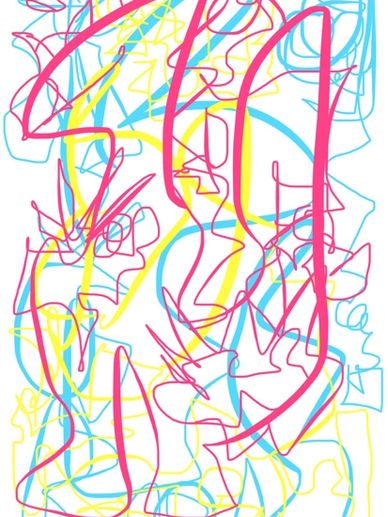 Abstract colorful scribbles in pink, blue, and yellow on white background.