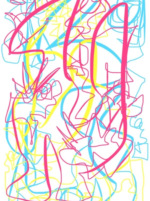 Abstract colorful scribbles in pink, blue, and yellow on white background.