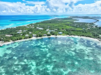 Aerial view of a tropical island with clear blue water and greenery.
