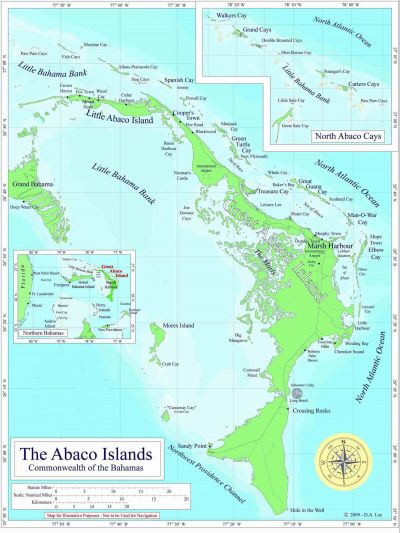 Map of the Abaco Islands in the Bahamas.