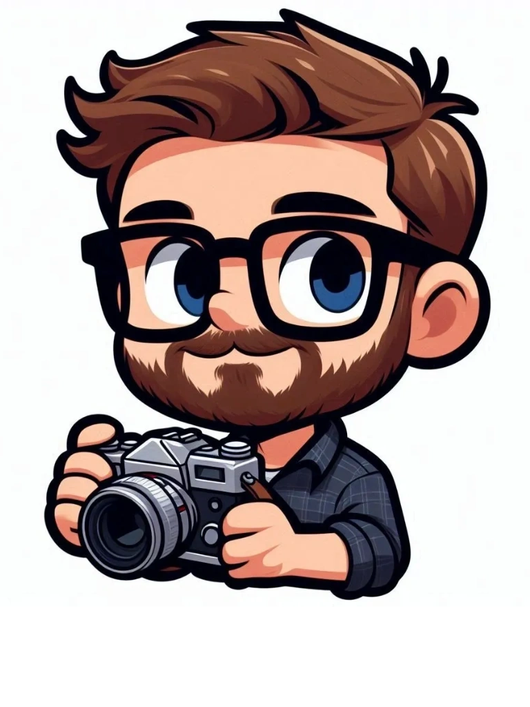 Cartoon of a man with glasses holding a camera.