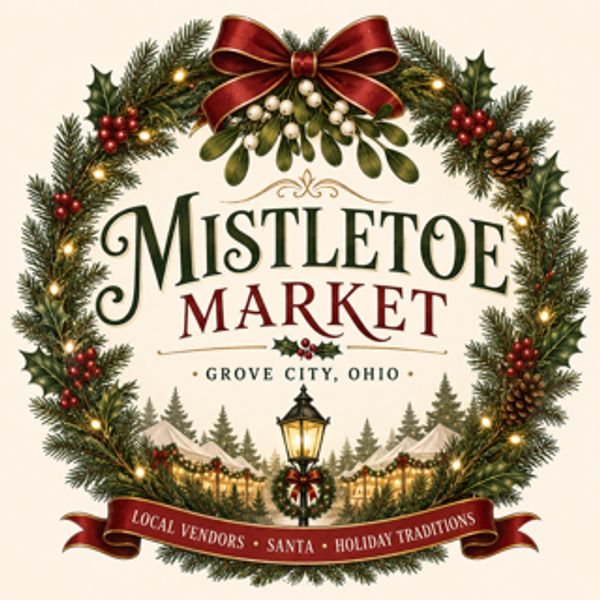 Decorative wreath promoting Mistletoe Market in Grove City, Ohio.