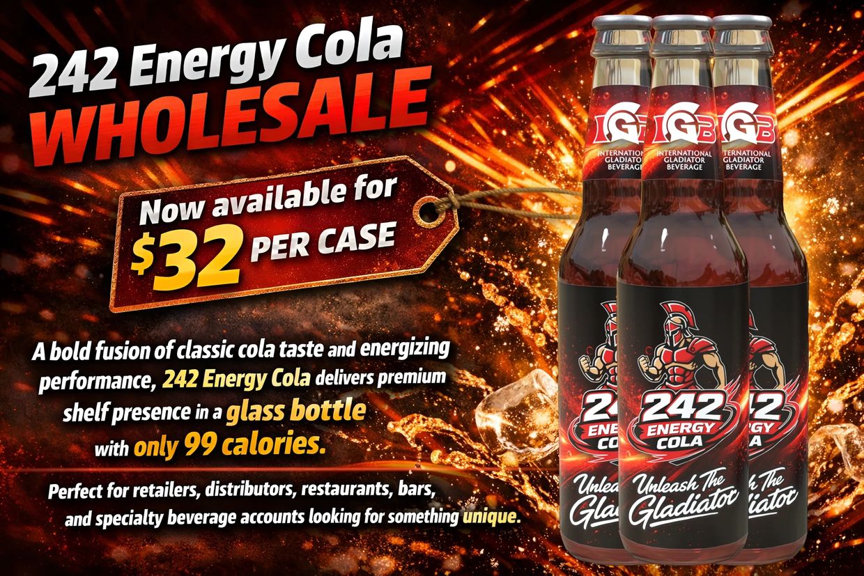Wholesale 242 Energy Cola available now for $32 per case in a glass bottle with only 99 calories.