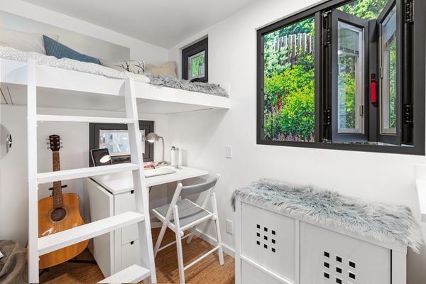 Interior view of the detachable ADU tiny home, ladder that leads to the bed loft