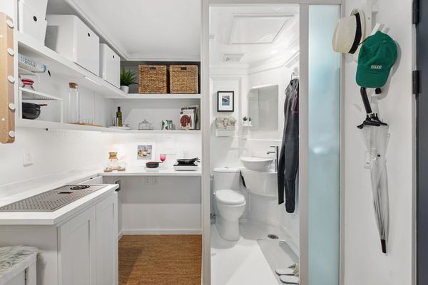 Interior view of the detachable ADU tiny home, kitchen and full bathroom view