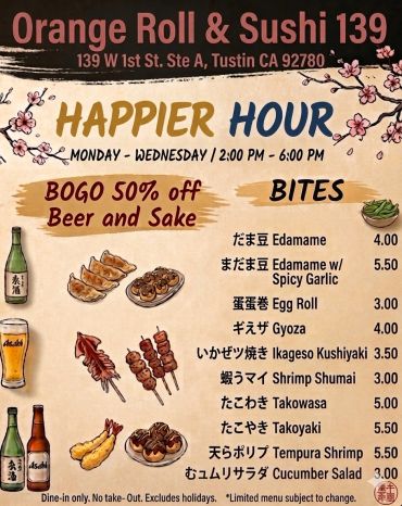 Happier Hour menu with sushi bites and BOGO 50% off beer and sake.