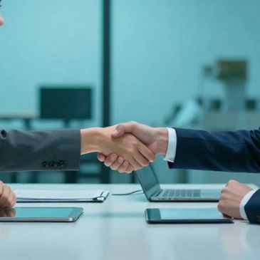 Two professionals shaking hands over a desk in an office setting.