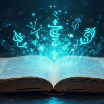 A magical book with glowing symbols and sparkles emerging from its pages.