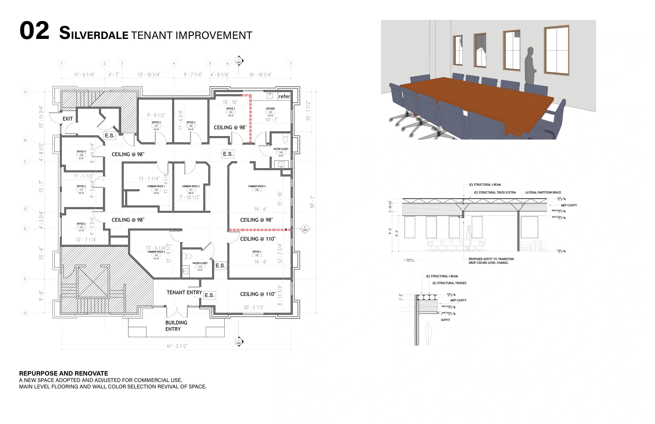 Floor plan and 3D rendering of Silverdale tenant improvement project.