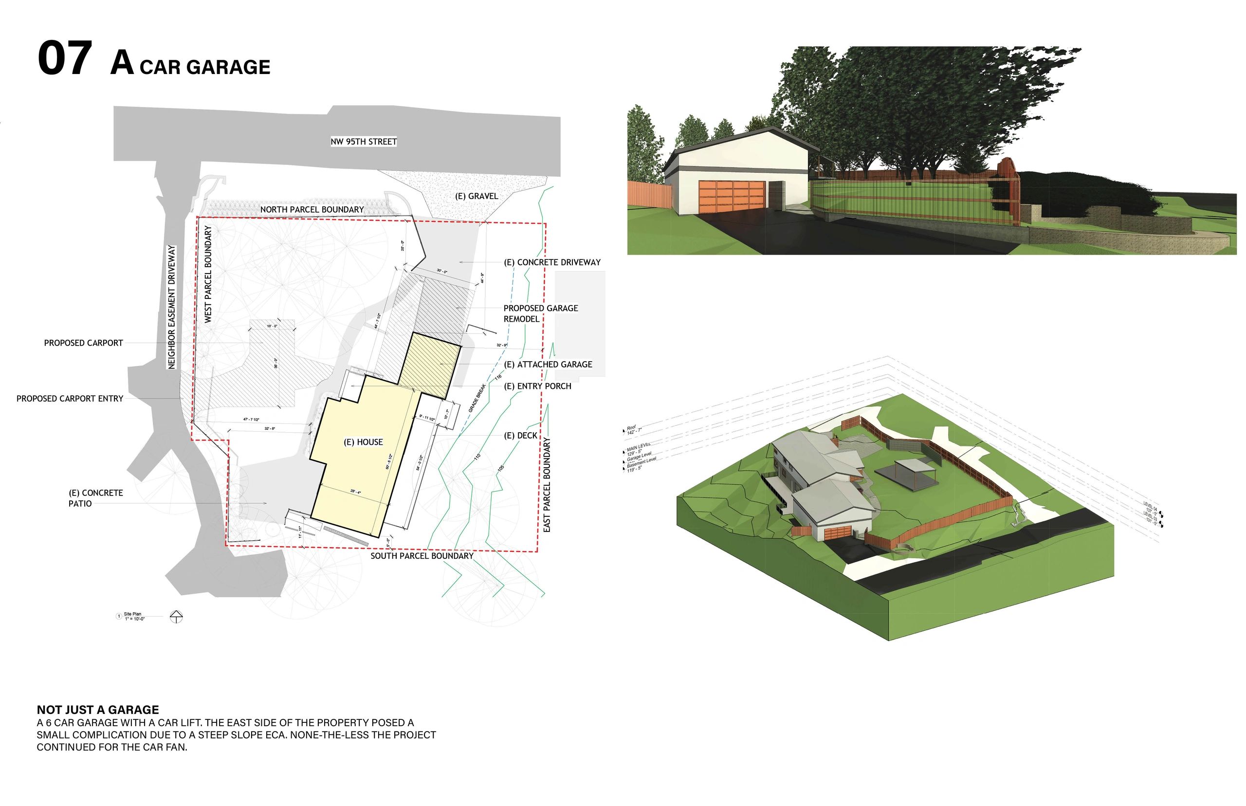Architectural plan and 3D renderings of a house with a proposed 6-car garage and car lift.
