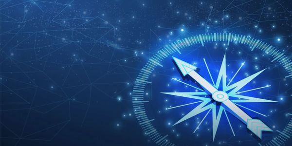 Digital glowing compass on a blue starry background.