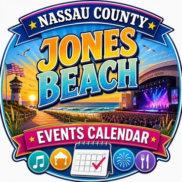 Colorful Nassau County Jones Beach events calendar graphic with icons and sunset scene.
