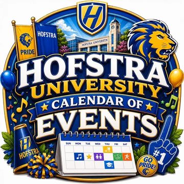 Colorful Hofstra University calendar of events graphic with mascot and symbols.