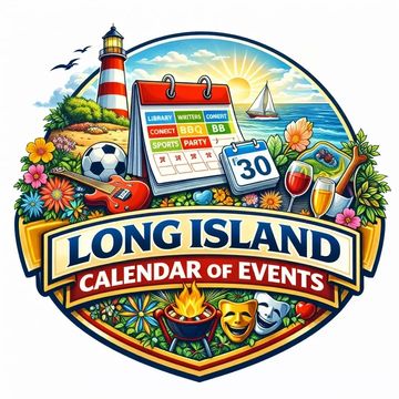 Colorful Long Island events calendar with beach and party icons.