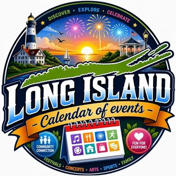 Colorful Long Island calendar of events with lighthouse and sunset.