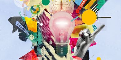 Abstract collage with brain, light bulb, and hand symbolizing creativity and ideas.