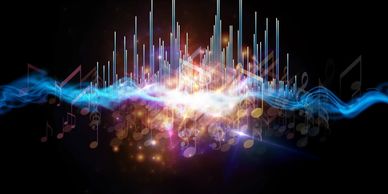 Colorful soundwave with musical notes and light effects on black background.