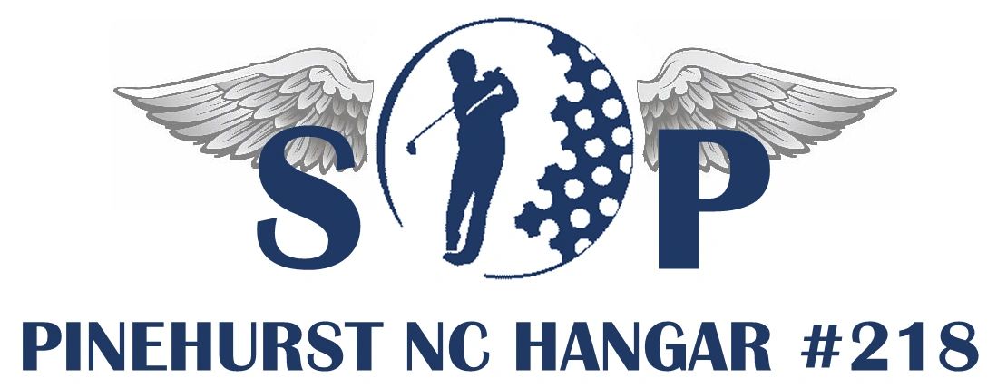 Logo with golfer, wings, and text Pinehurst NC Hangar #218.