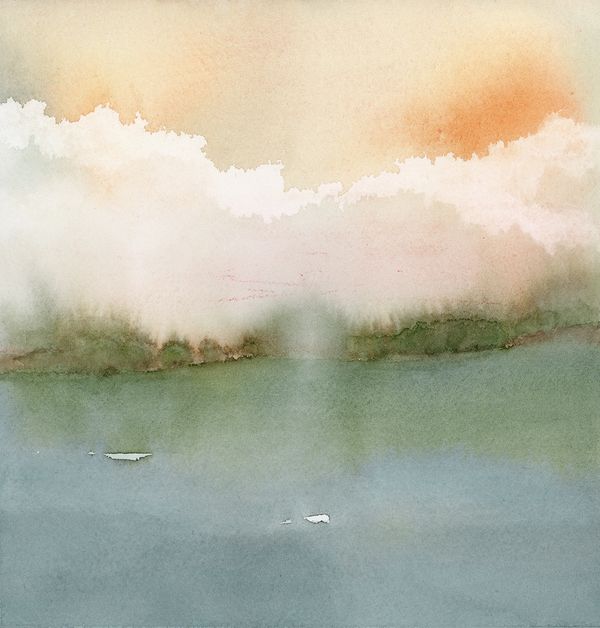 Peach orange sky over green tree line impressionistic watercolour art by Renée Anne Bouffard-McManus