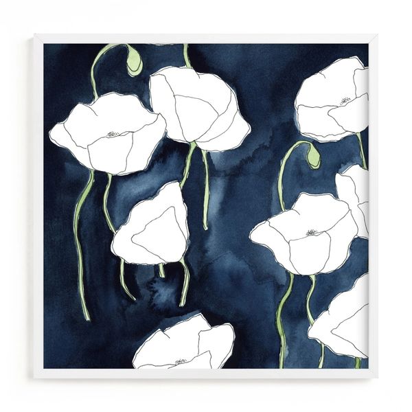 White poppies floating on a deep blue indigo background with touches of green by Renee Anne.