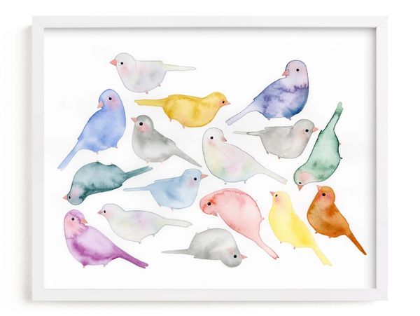Whimsical colourful birds painted on a white background stacked together by Renee Anne