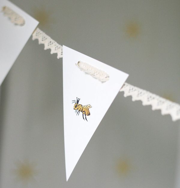 Whimsical watercolour of a queen bee on a garland, handmade by Renée Anne Bouffard-McManus.