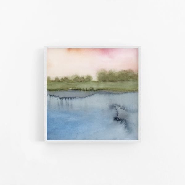 Pink, green and blue tree lined lake in impressionistic style by Renée Anne Bouffard-McManus framed.