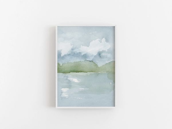 Watercolour landscape in indigo blue and green of a lake scene by Renée Anne Bouffard-McManus.