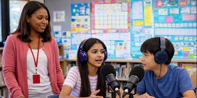 Two children recording a podcast with a teacher.