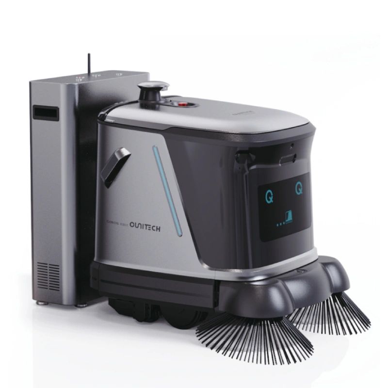 Modern robotic cleaning machine with brushes and digital display.
