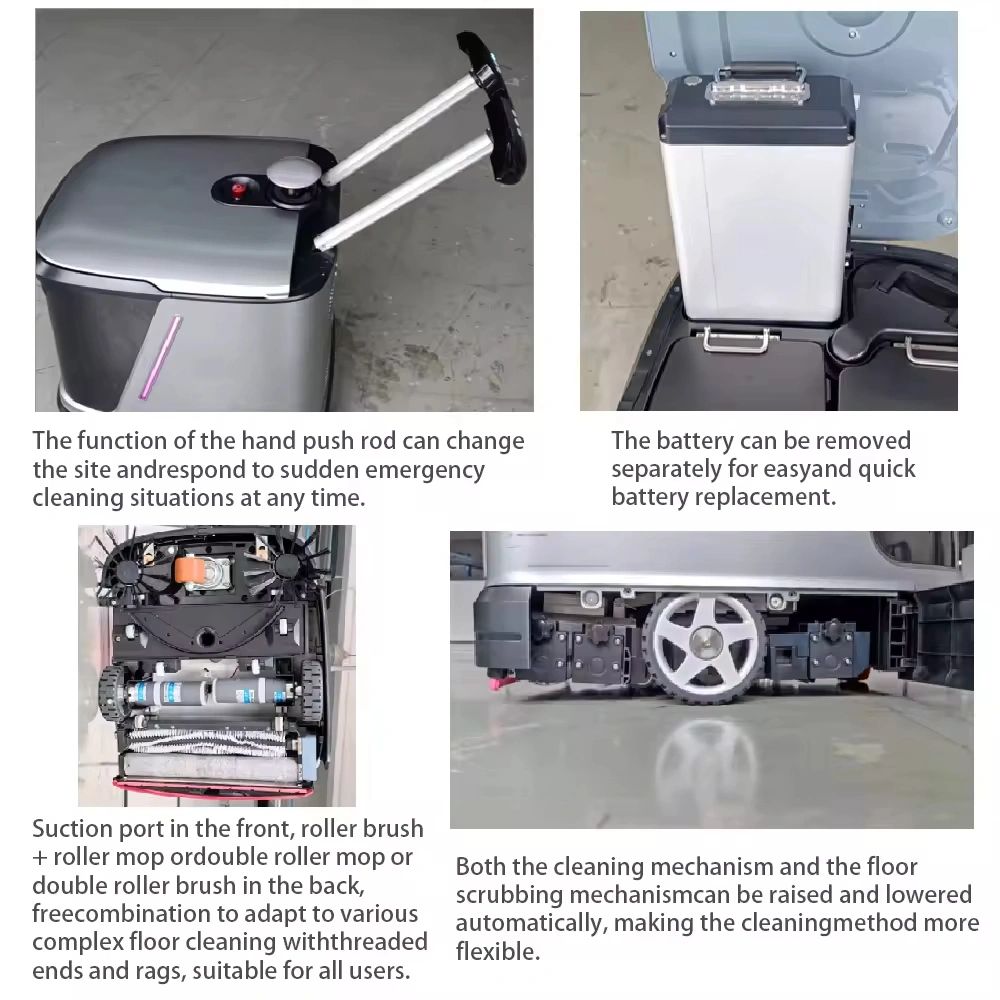 Features of an advanced floor cleaning machine with adjustable hand push rod and removable battery.