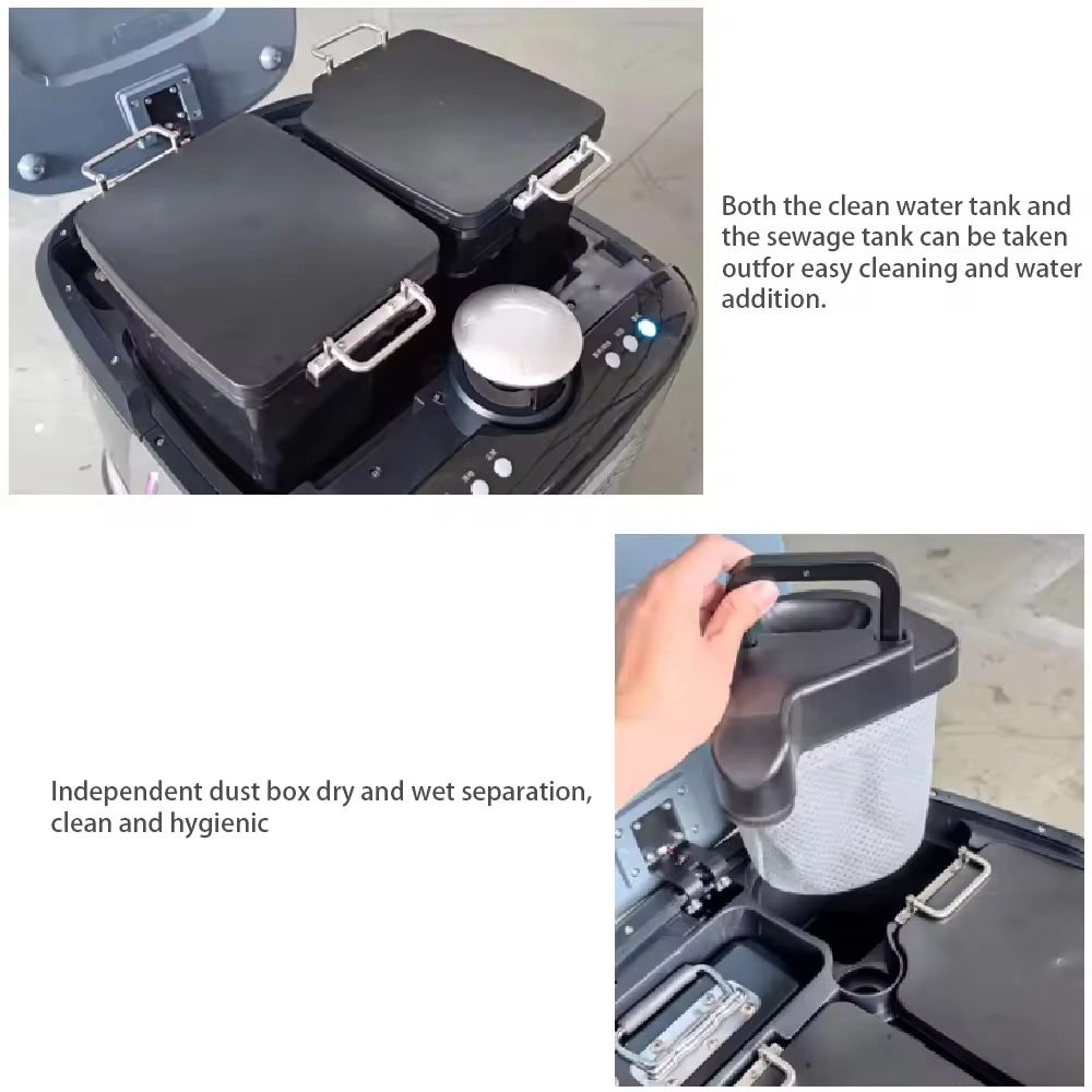 Cleaning device with removable water tanks and a dust box for hygiene.