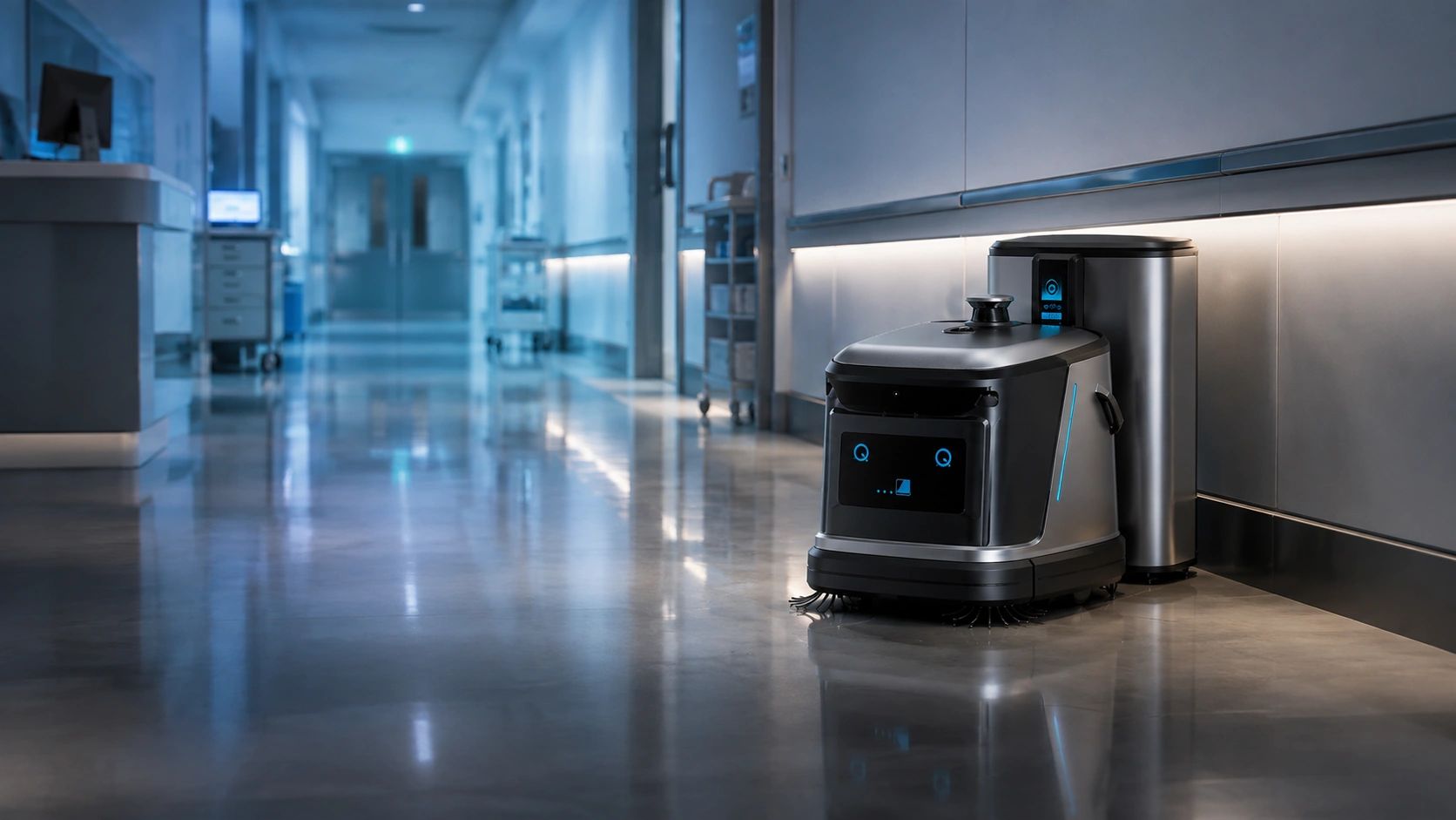 Autonomous cleaning robot in a hospital hallway.