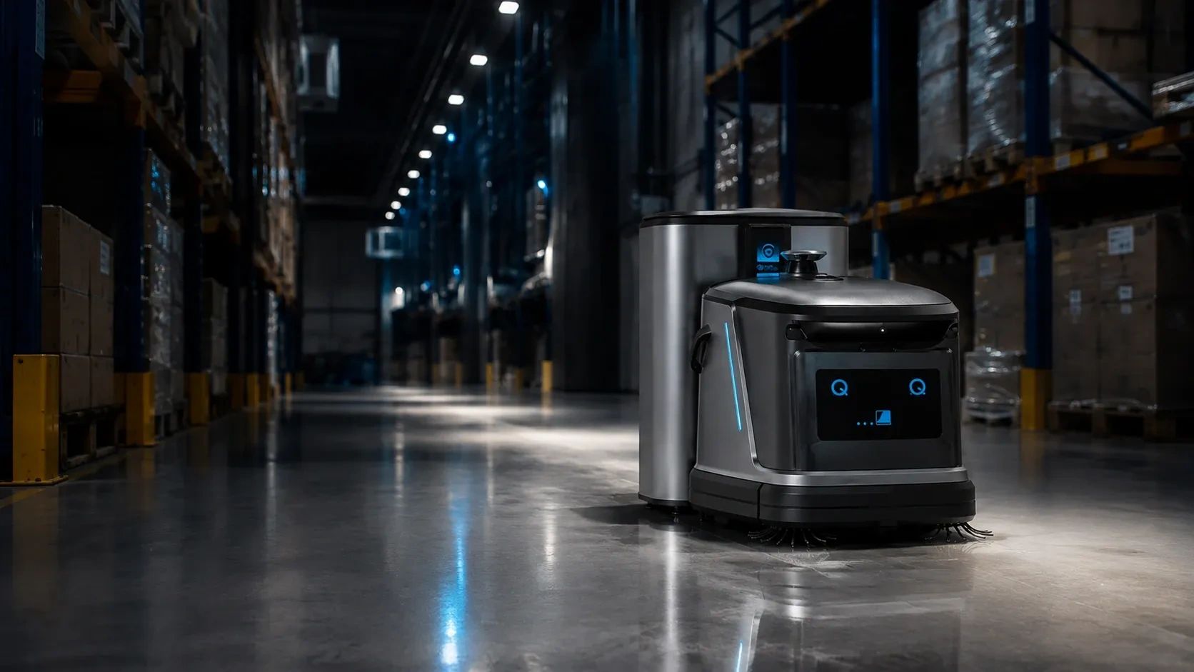Autonomous cleaning robot in a warehouse.