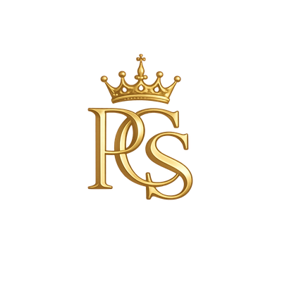 Gold crowned monogram logo with letters PCS.
