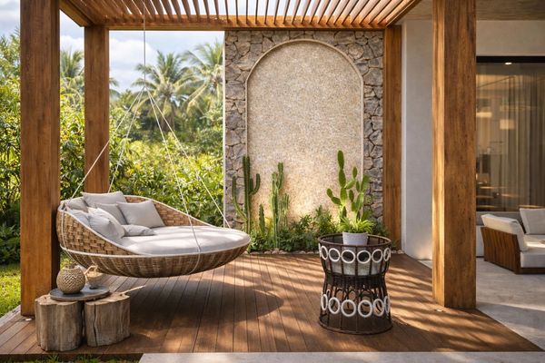 Cozy outdoor patio with hanging wicker daybed and wooden accents.