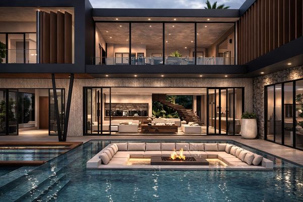 Modern luxury home with sunken seating and fire pit in pool area at dusk.