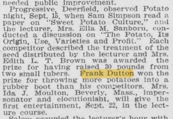 Highlighted text mentioning Frank Dutton and a potato-related contest.