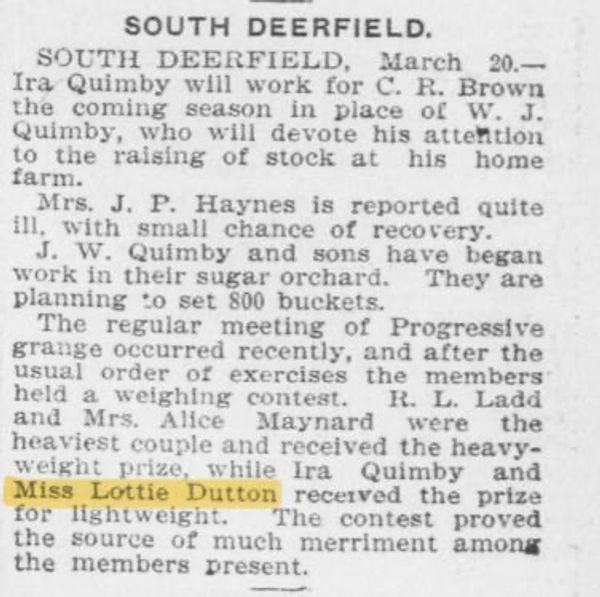 A newspaper clipping from South Deerfield with local news and a weighing contest.
