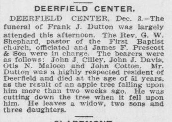 Newspaper clipping announcing Frank J. Dutton's funeral and biographical details.