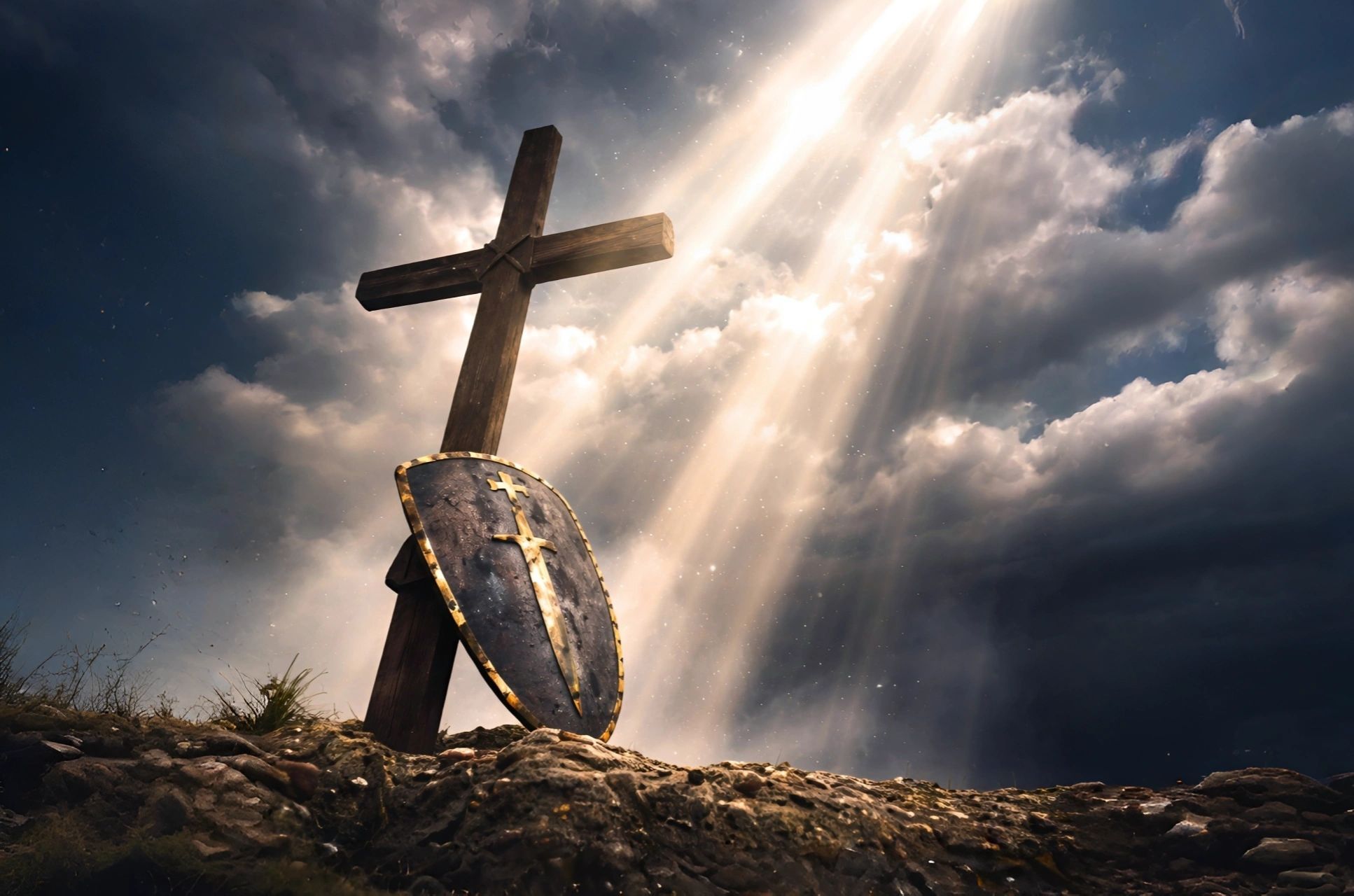 Shield leaning against wooden cross.