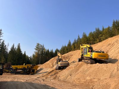Two excavators working on a dirt slope near a forest under a clear blue sky.