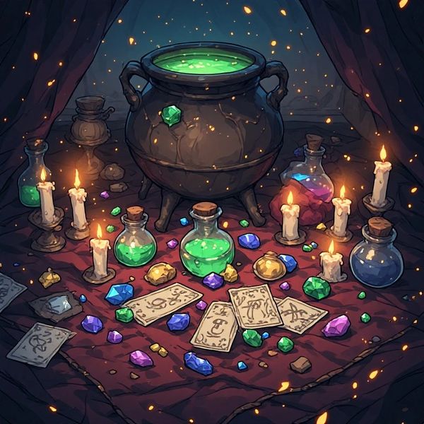 Mystical potion brewing setup with candles and gems. Bundles avvailable