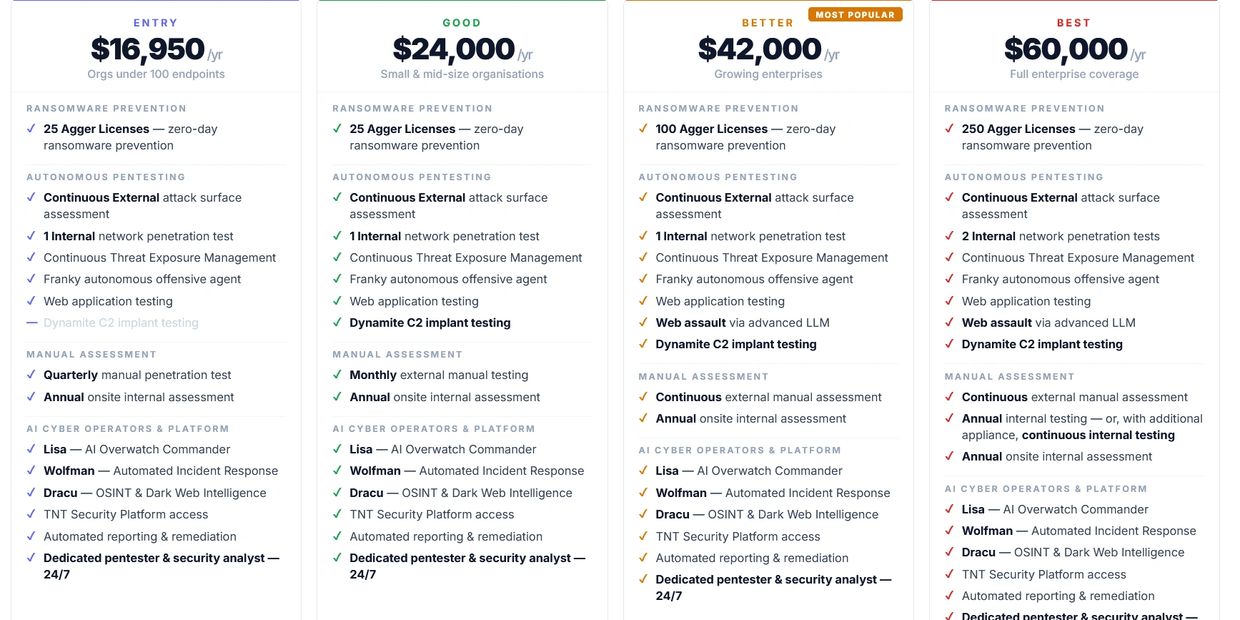Pricing plans for ransomware prevention and penetration testing from $16,950 to $60,000 per year.