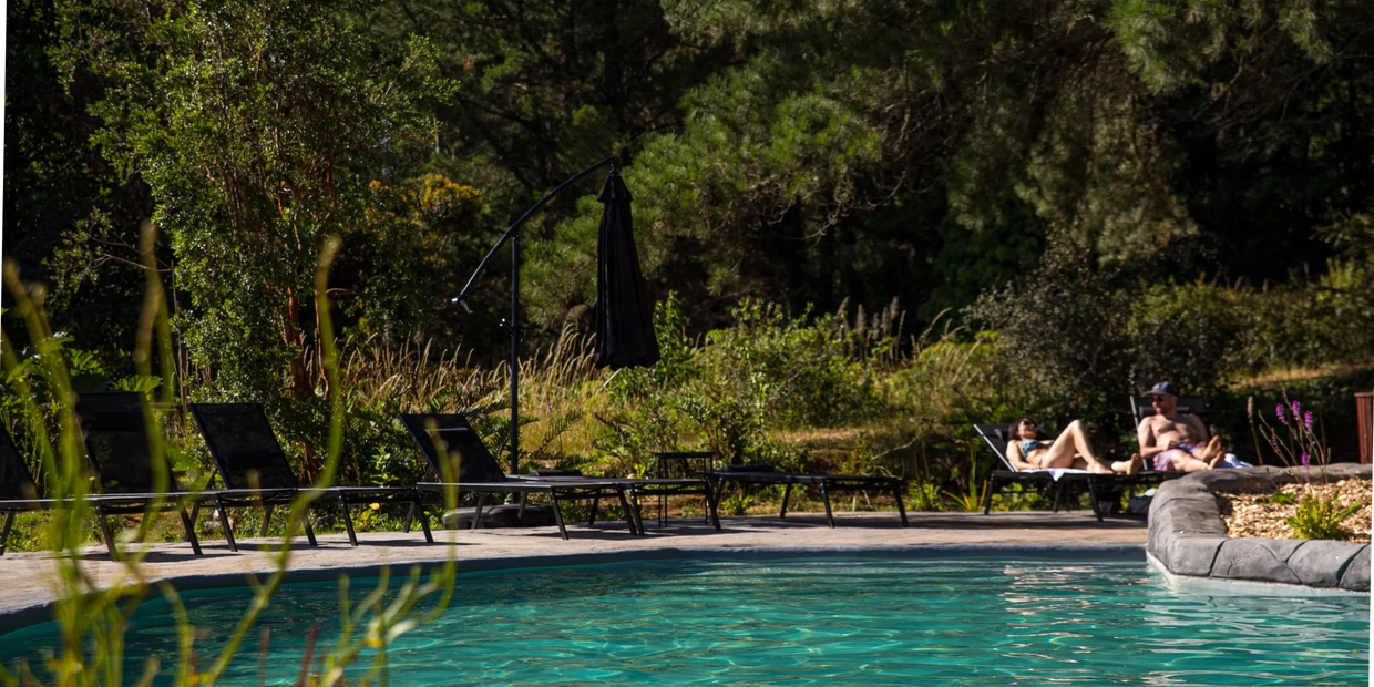 couple pareja disfrute piscina naturaleza verano hotel estadia 