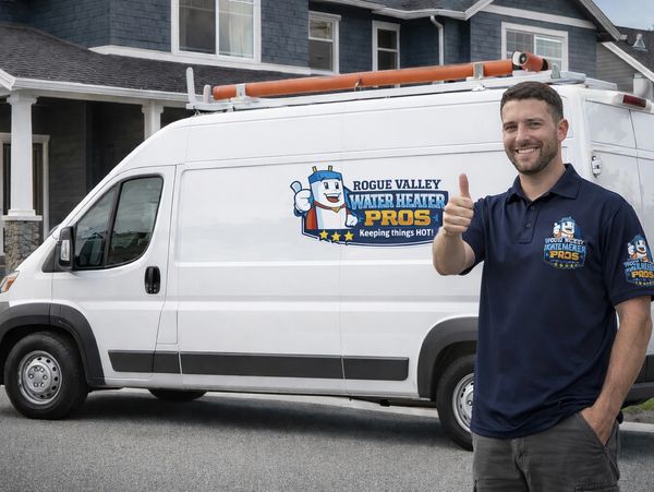 Smiling technician giving thumbs up beside a water heater service van.