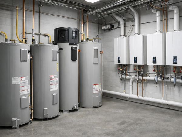 A room with multiple large water heaters and boiler units lined against a wall.